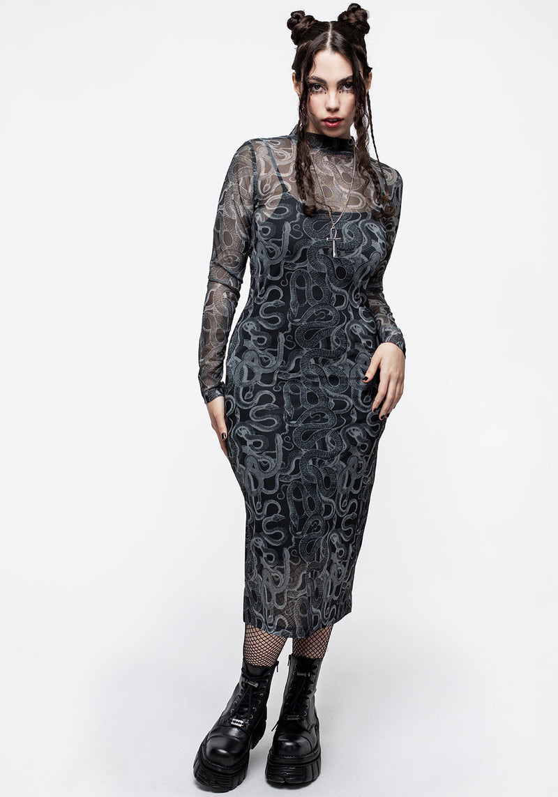 Serpente Druck Mesh Körperbetont Midi Kleid