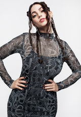 Serpente Druck Mesh Körperbetont Midi Kleid