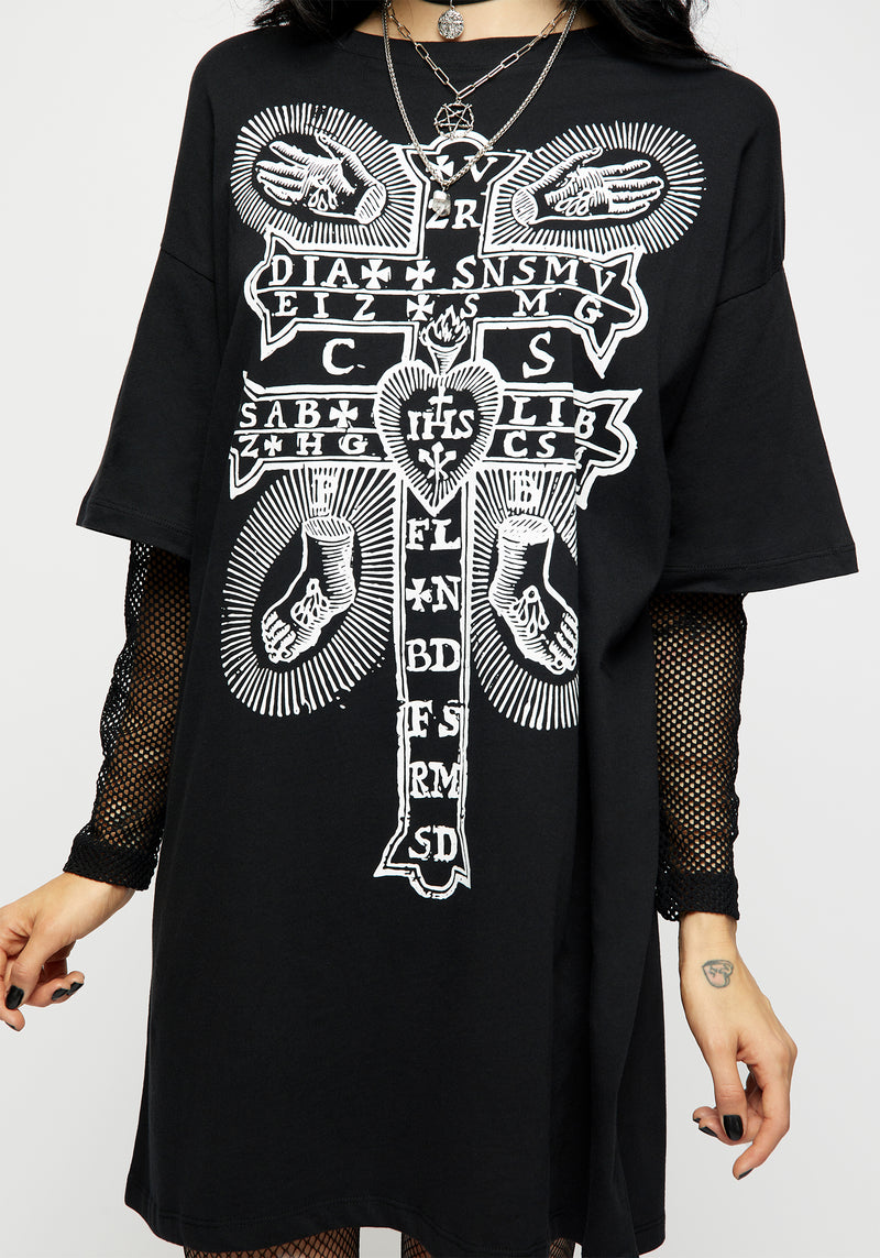 Stigmata Gelagert Netzstrumpf Ärmel T-Shirt Kleid