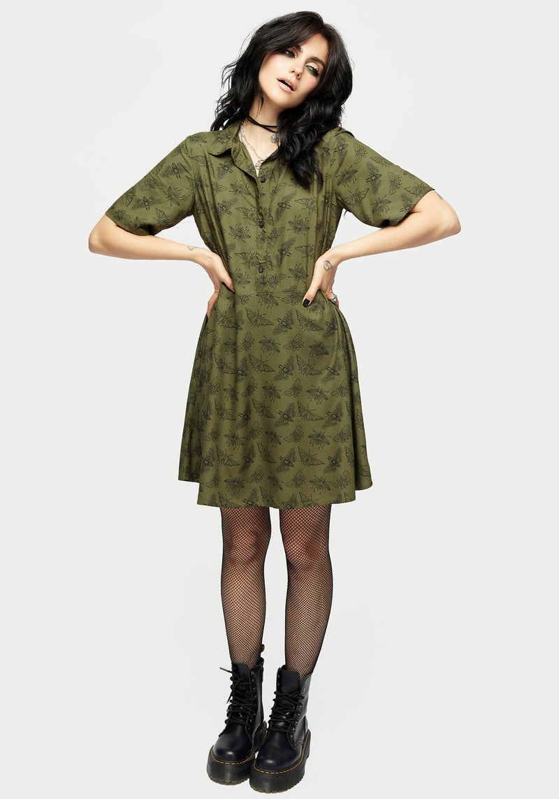 Mortmoth Druck Mini Hemd Kleid - Grün