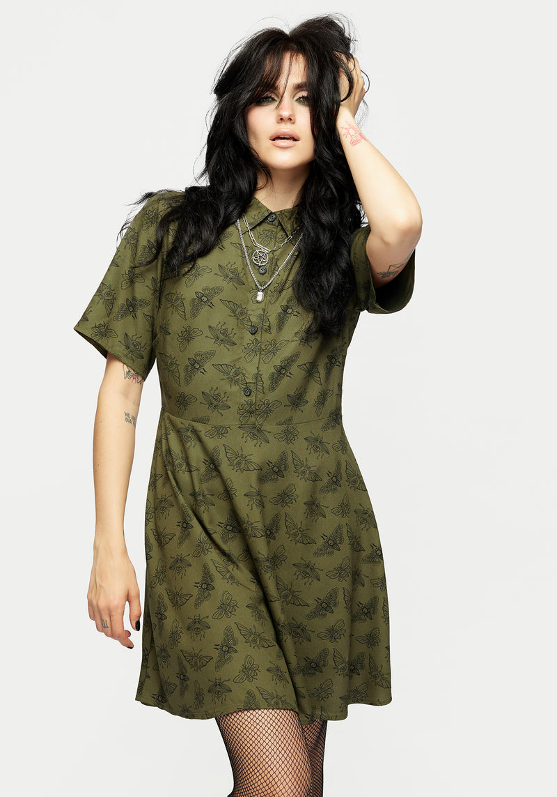 Mortmoth Druck Mini Hemd Kleid - Grün