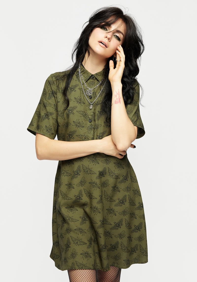 Mortmoth Druck Mini Hemd Kleid - Grün
