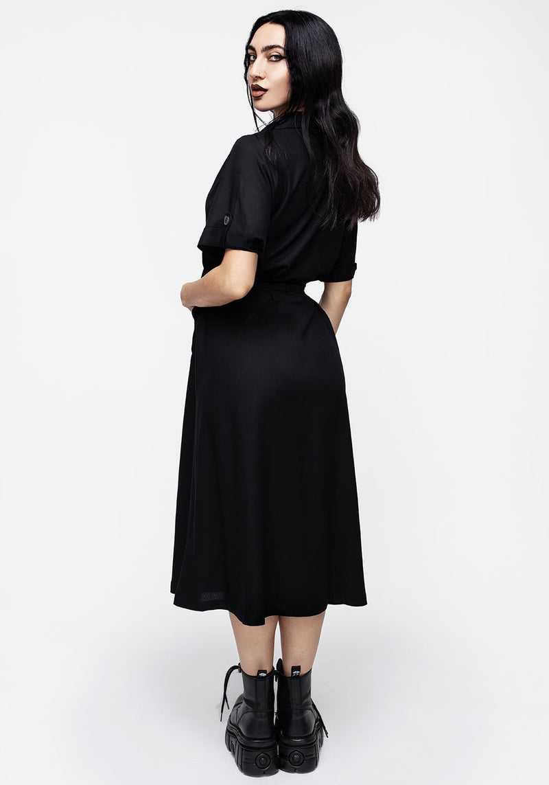 Maidenhair Midi Kurz Ärmel Hemd Kleid Mitternacht