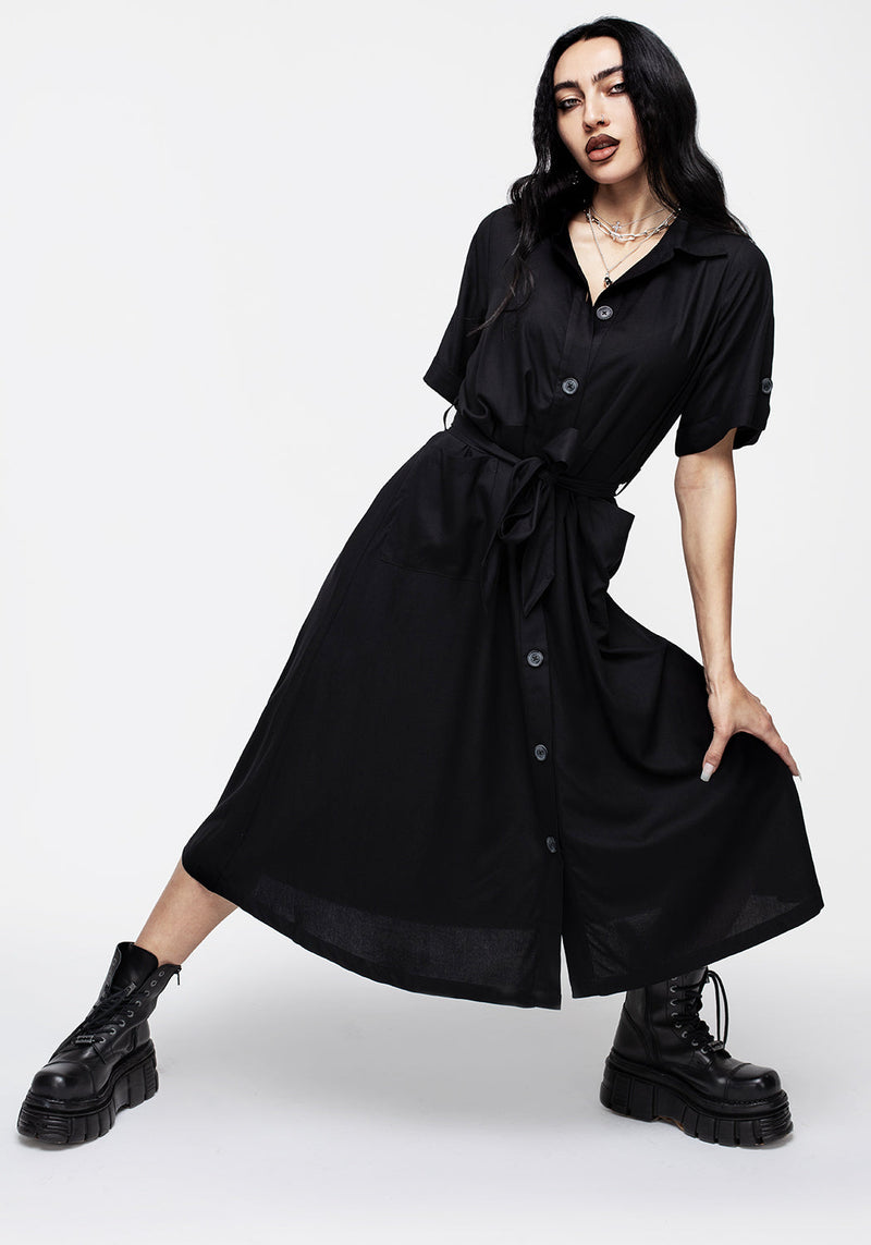 Maidenhair Midi Kurz Ärmel Hemd Kleid Mitternacht