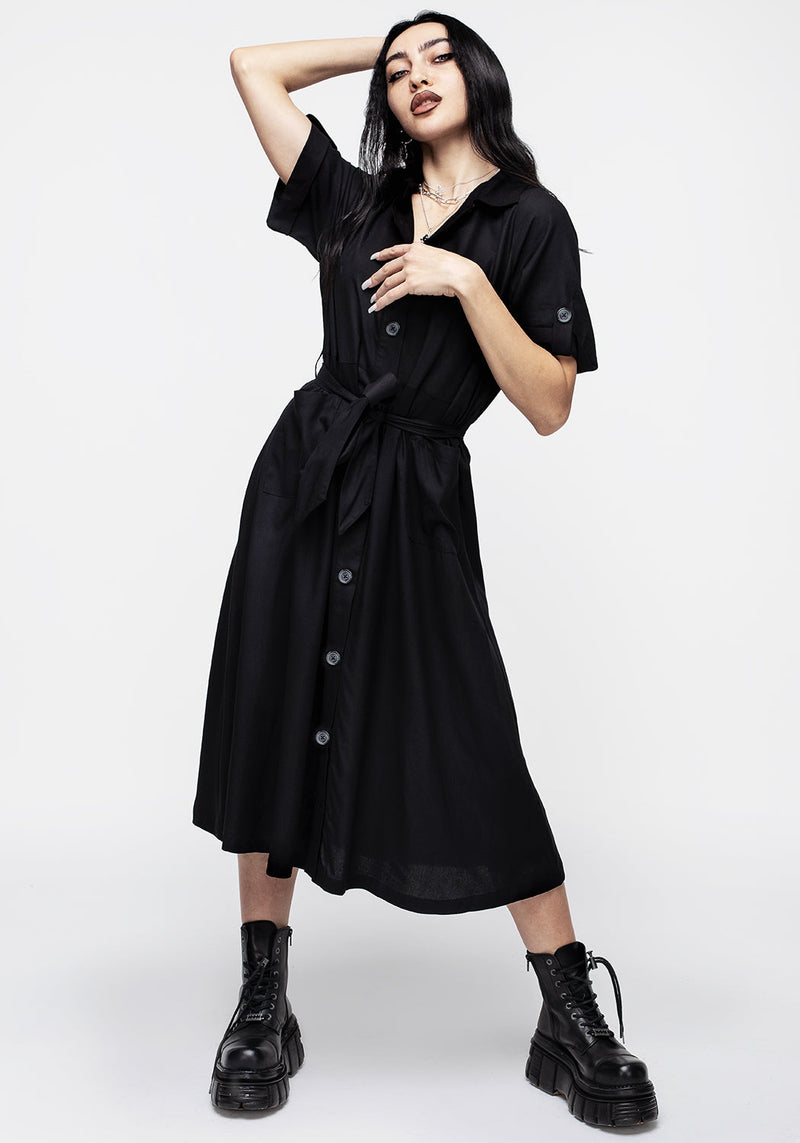 Maidenhair Midi Kurz Ärmel Hemd Kleid Mitternacht