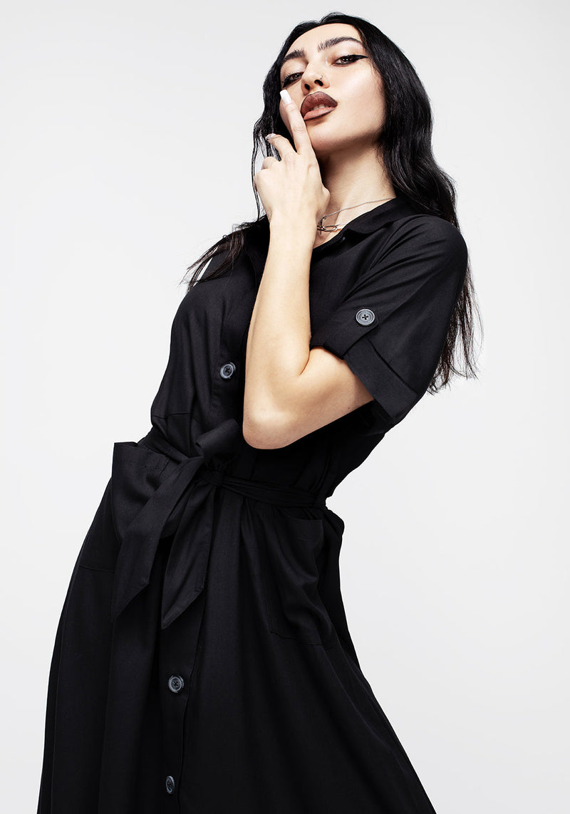 Maidenhair Midi Kurz Ärmel Hemd Kleid Mitternacht