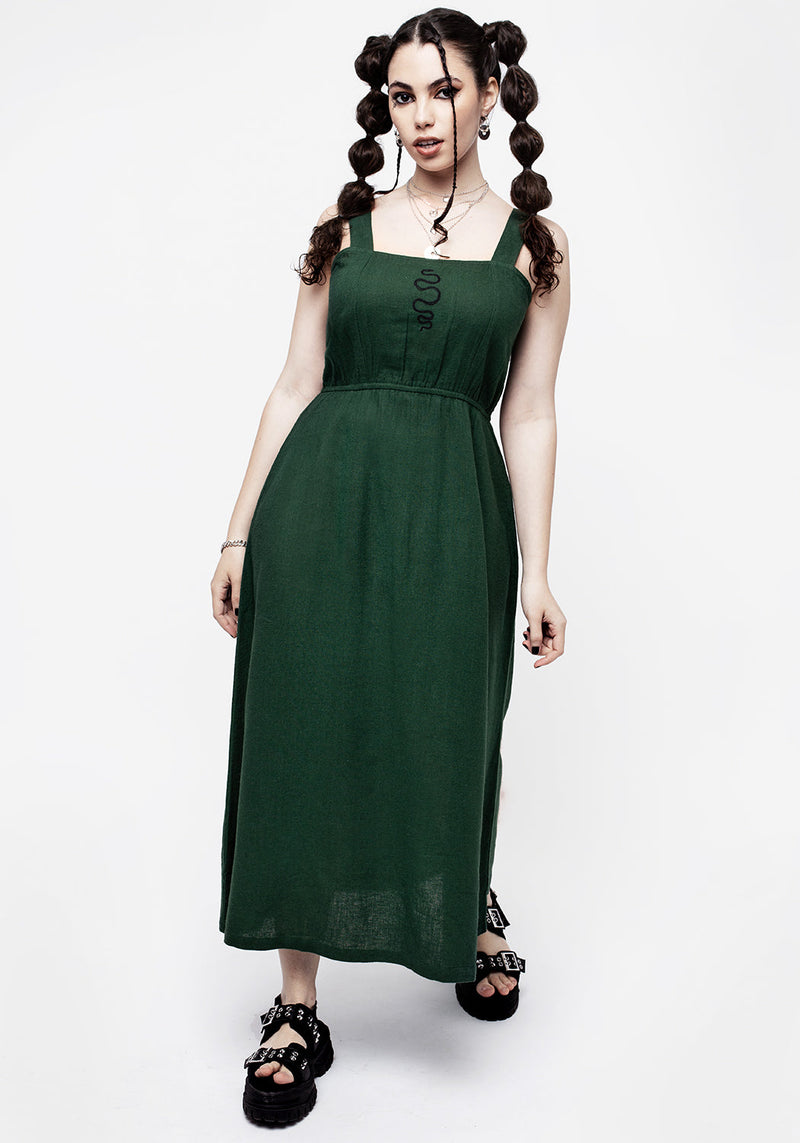 Basilisk Grün Leinen Mischung Midaxi-Kleid Kleid