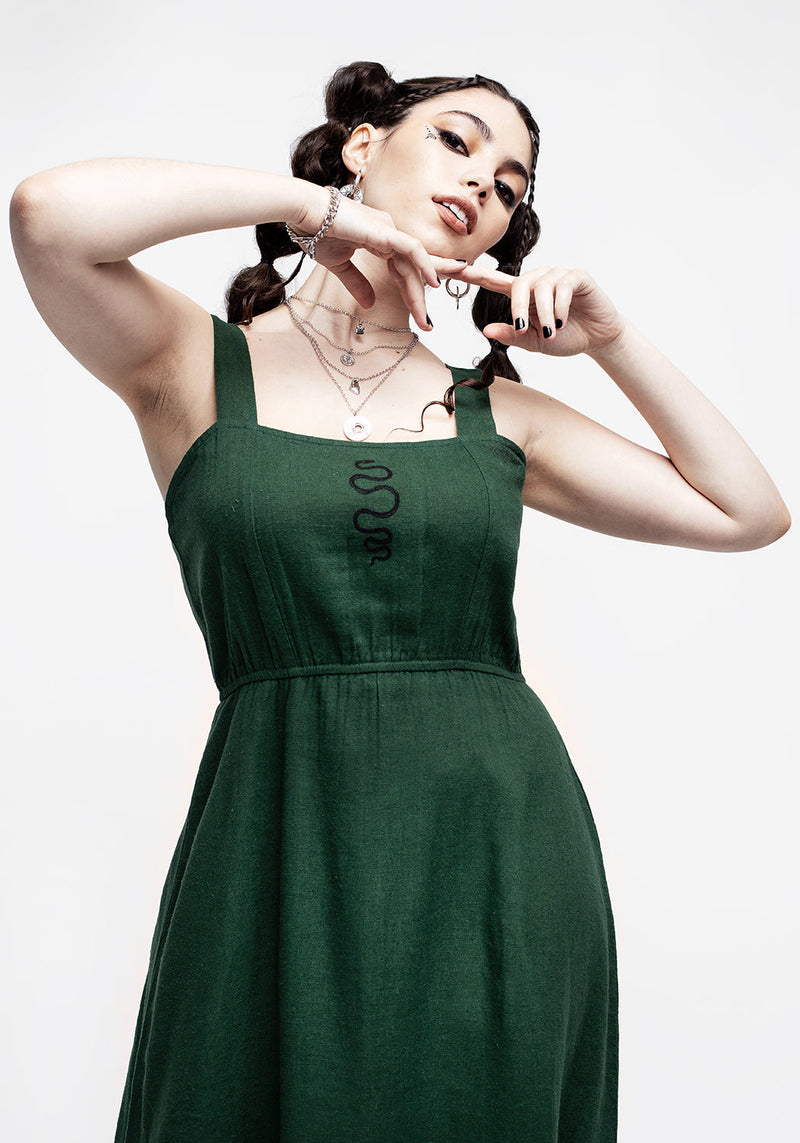 Basilisk Grün Leinen Mischung Midaxi-Kleid Kleid