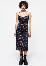 Medeina Druck Cowl Hals Satin Midi Slip Kleid