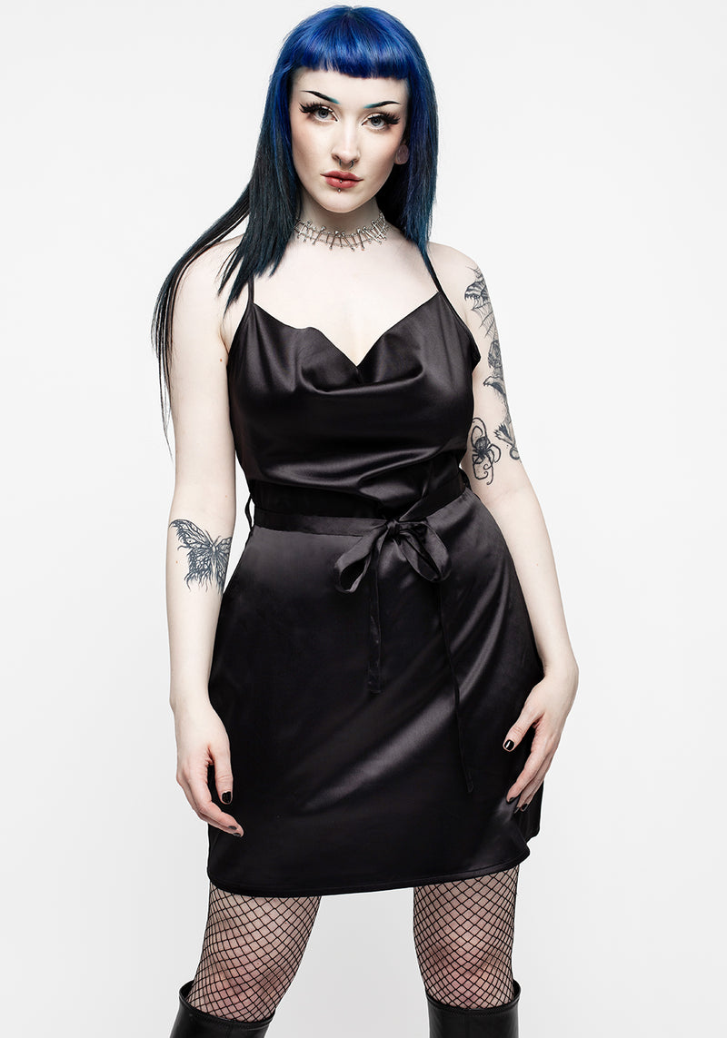 Medeina Cowl Hals Gürtel Satin Mini Kleid - Schwarz
