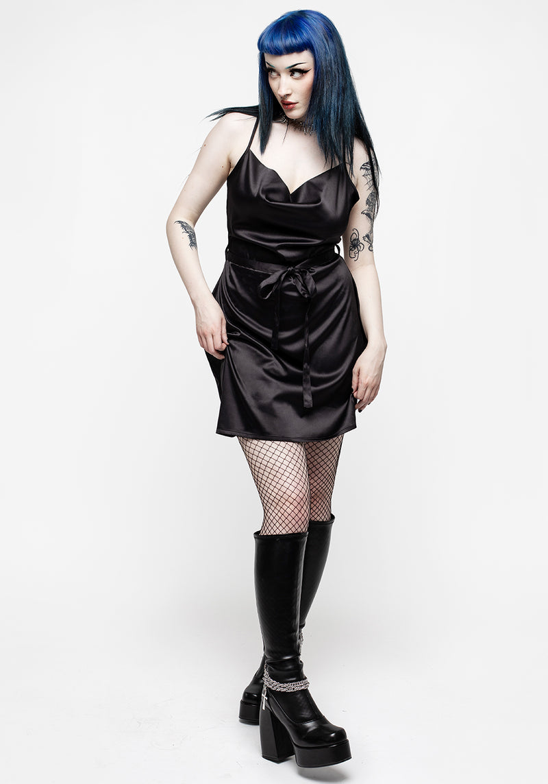 Medeina Cowl Hals Gürtel Satin Mini Kleid - Schwarz