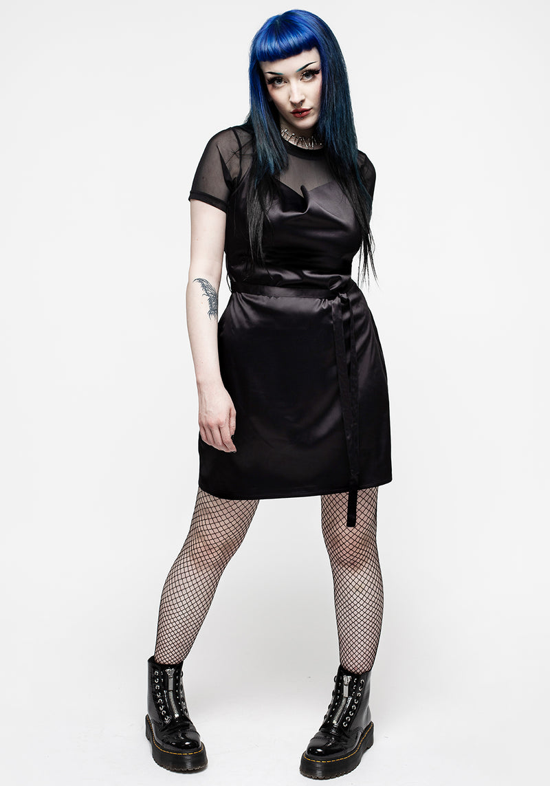 Medeina Cowl Hals Gürtel Satin Mini Kleid - Schwarz