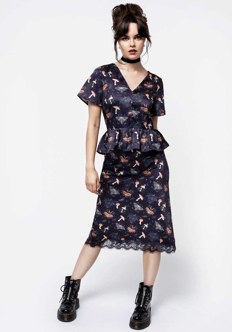 Medeina Druck Spitze Besatz Satin Midi Rock