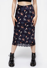 Medeina Druck Spitze Besatz Satin Midi Rock