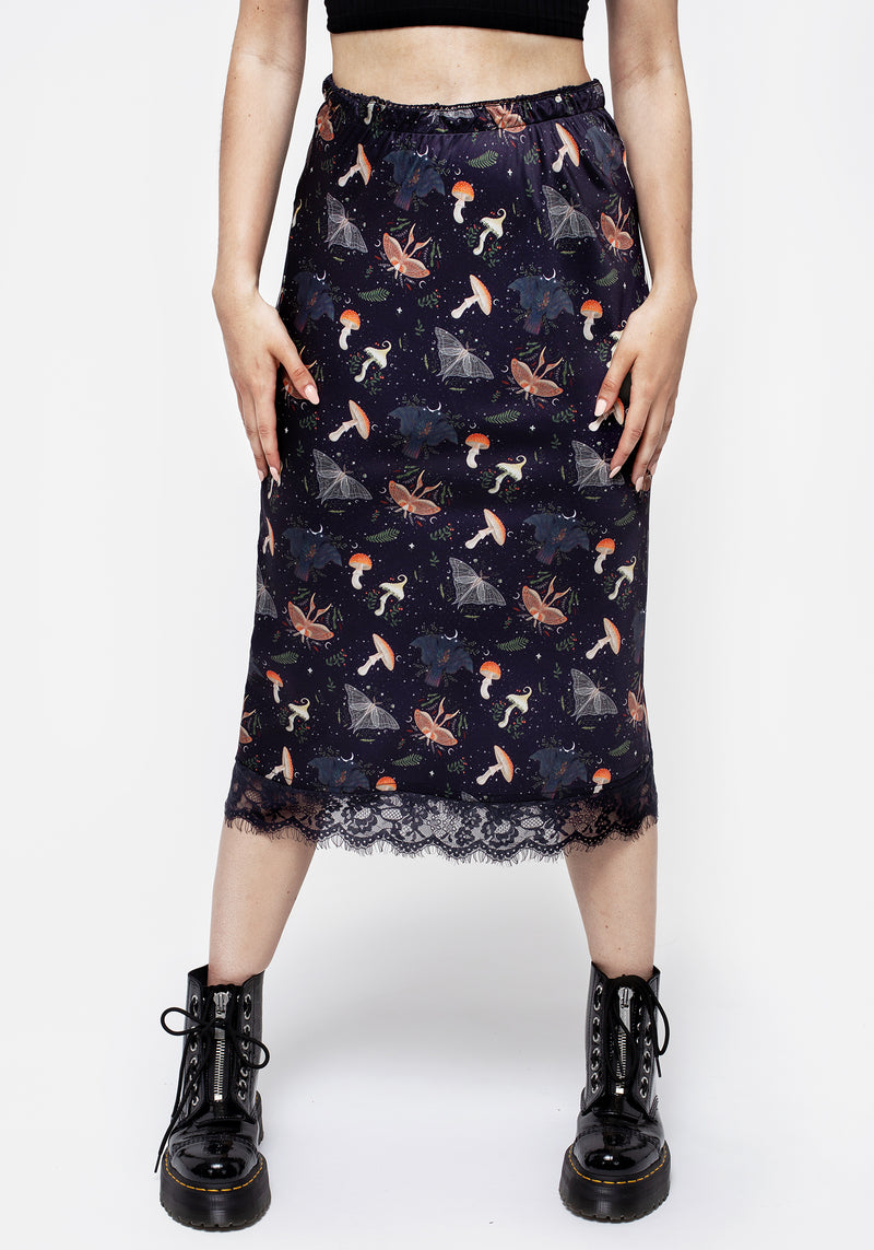 Medeina Druck Spitze Besatz Satin Midi Rock