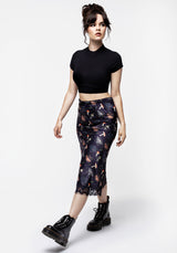 Medeina Druck Spitze Besatz Satin Midi Rock