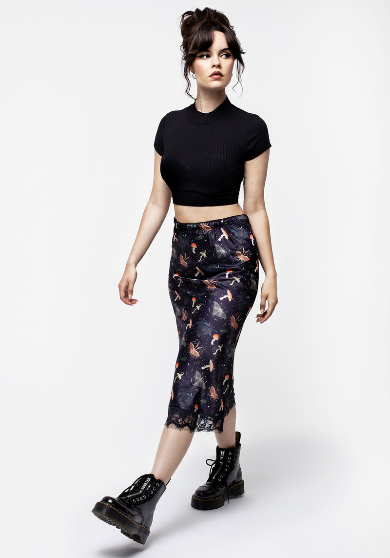 Medeina Druck Spitze Besatz Satin Midi Rock