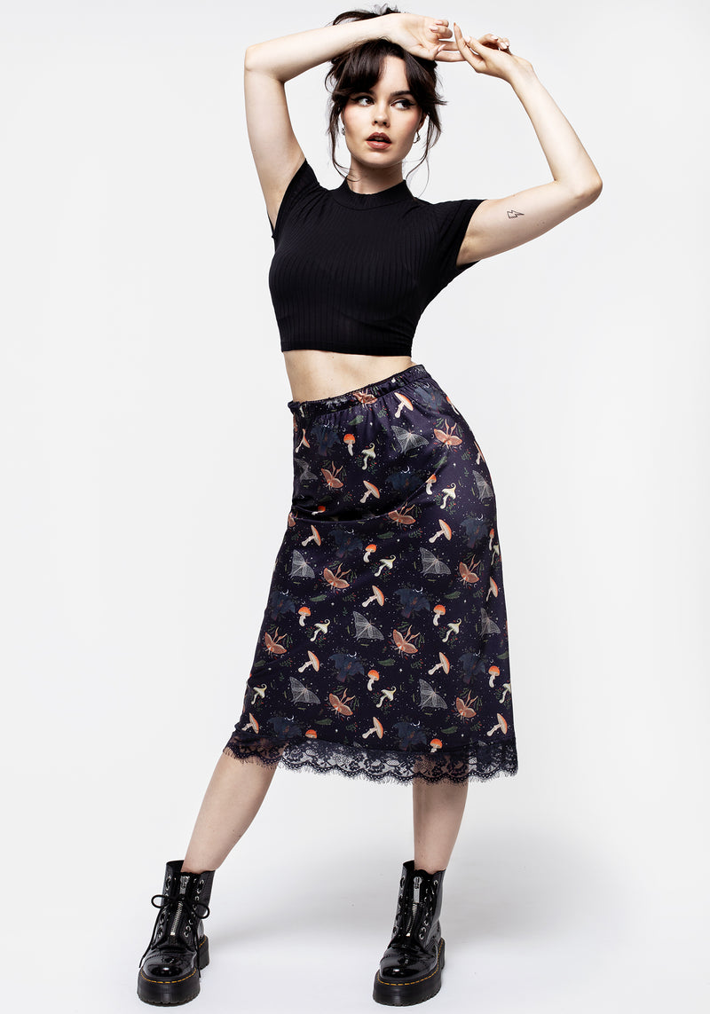 Medeina Druck Spitze Besatz Satin Midi Rock