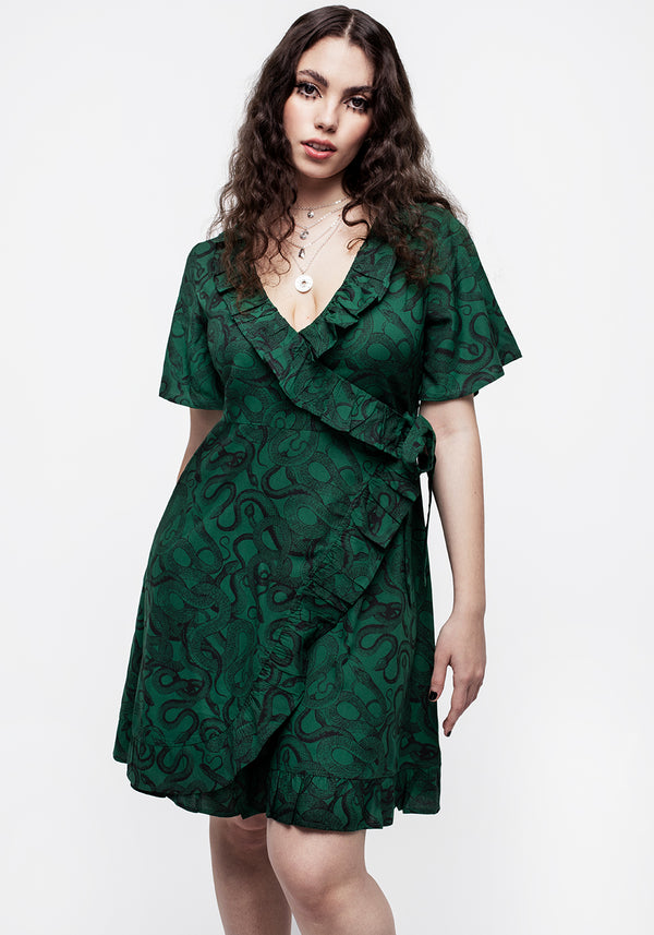 Ophidia Schlange Druck Rüsche Mini Kleid Grün