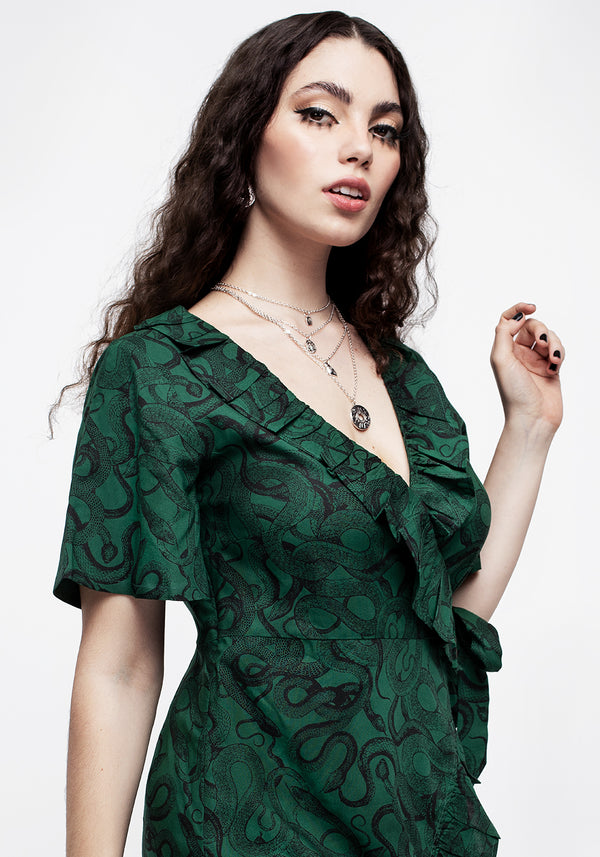 Ophidia Schlange Druck Rüsche Mini Kleid Grün