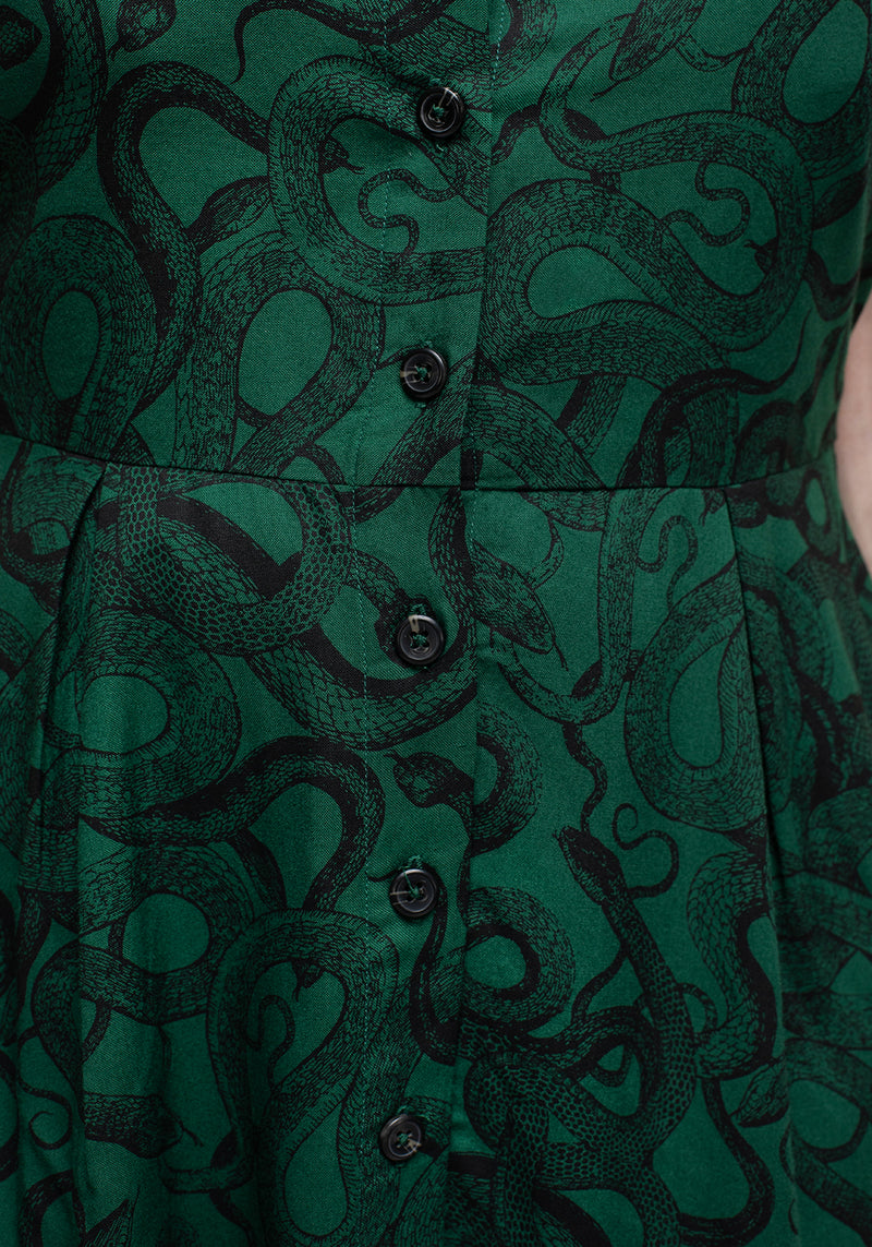 Ophidia Schlange Druck Knopf Hoch Mini Schürze Kleid Grün