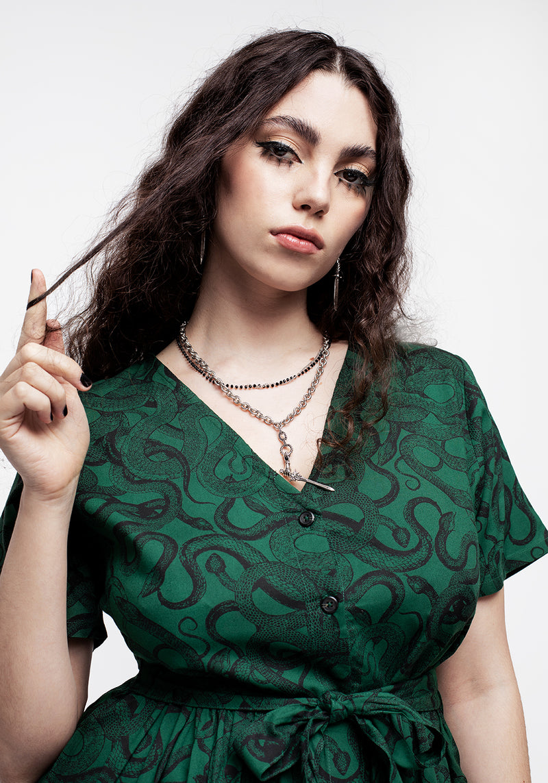 Ophidia Schlange Druck Knopf Hoch Midi Kleid -