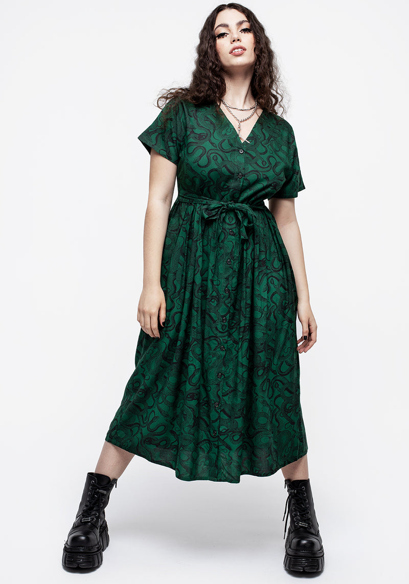 Ophidia Schlange Druck Knopf Hoch Midi Kleid -