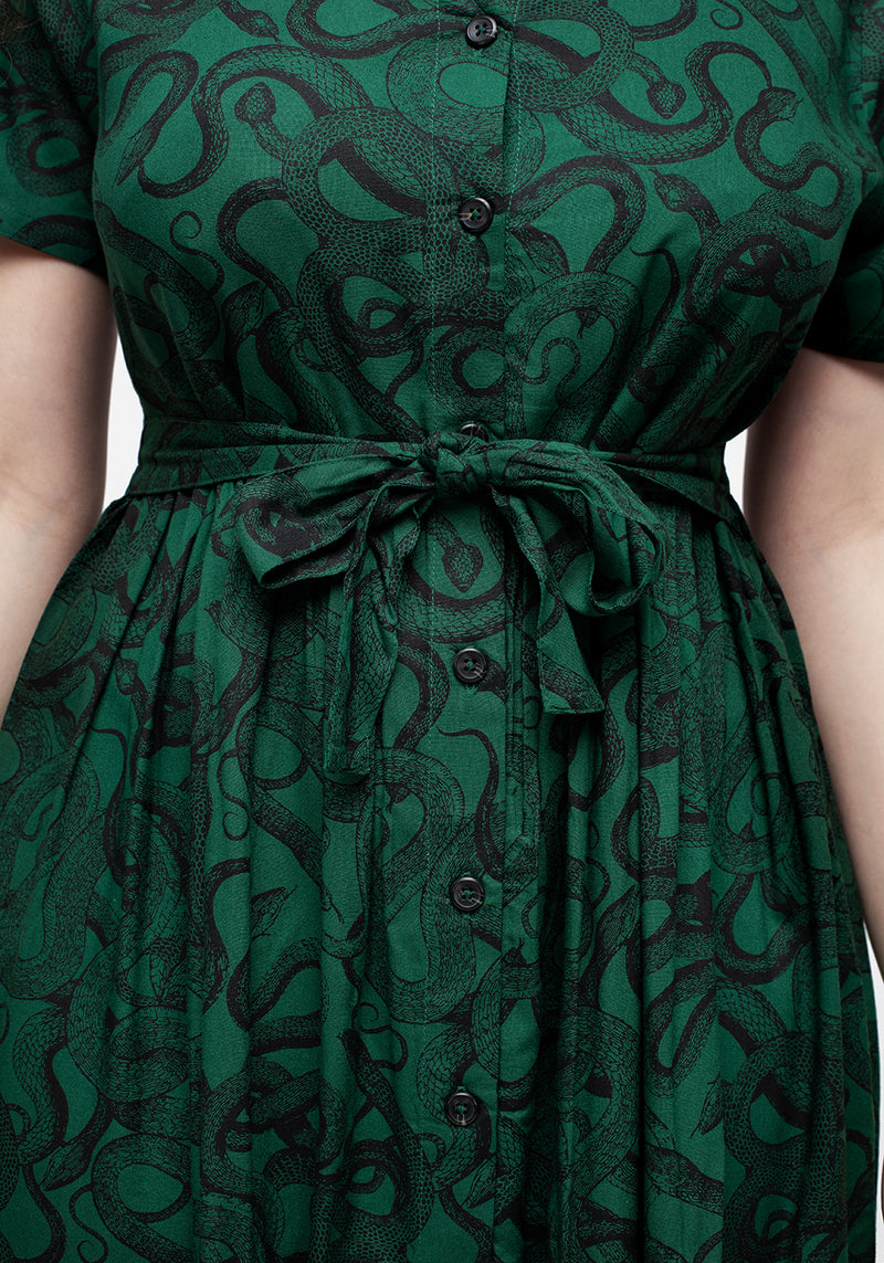 Ophidia Schlange Druck Knopf Hoch Midi Kleid -