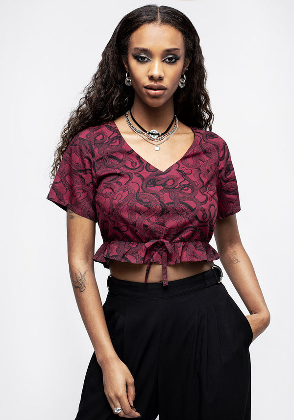 Ophidia Snakes Print Tie Detail Crop Top - Red