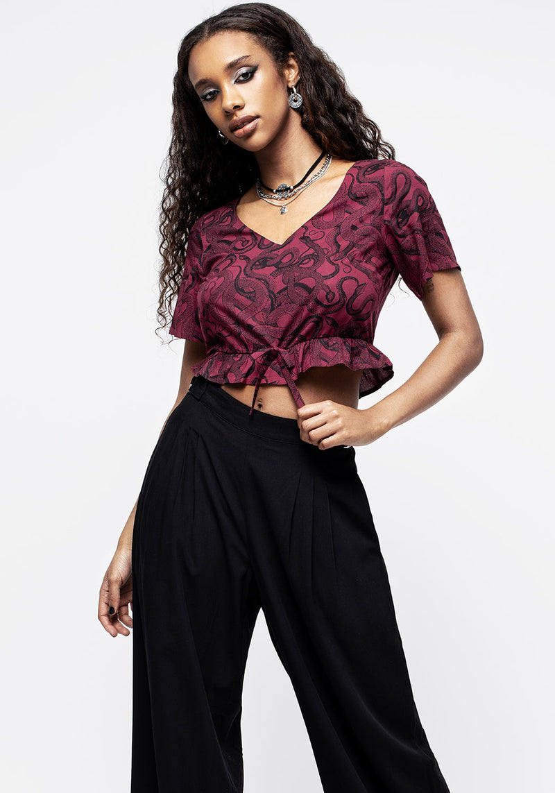 Ophidia Snakes Print Tie Detail Crop Top - Red