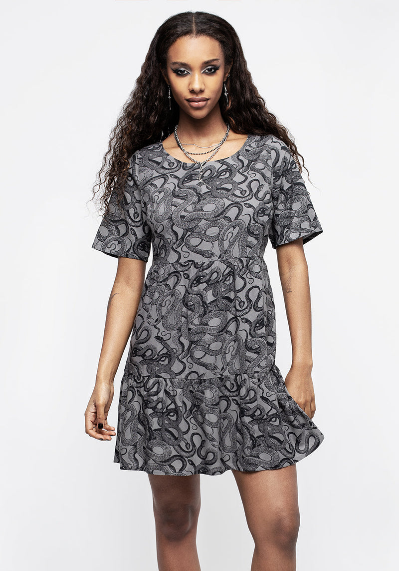 Ophidia Schlangen Druck Mini Rüsche Kleid Grau