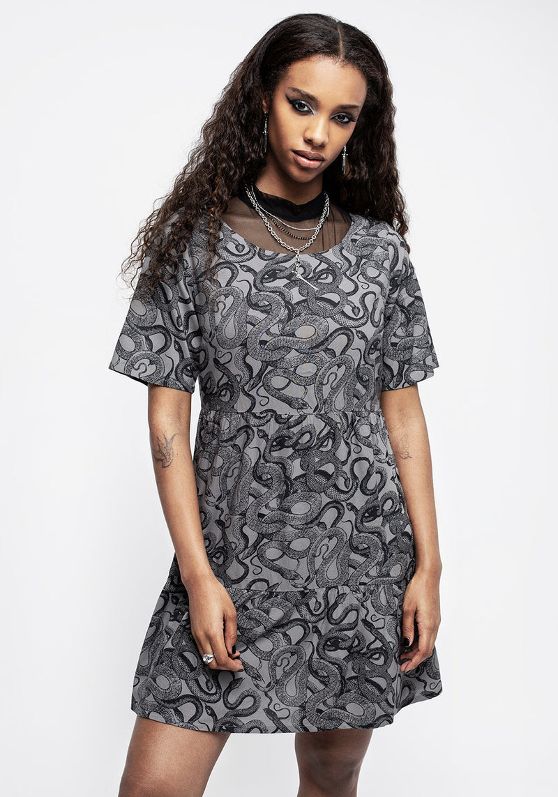 Ophidia Schlangen Druck Mini Rüsche Kleid Grau