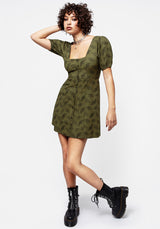 Mortmoth Druck Puffärmel Ärmel Mini Kleid Grün