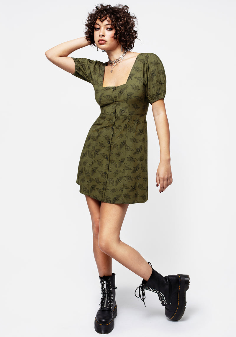 Mortmoth Druck Puffärmel Ärmel Mini Kleid Grün