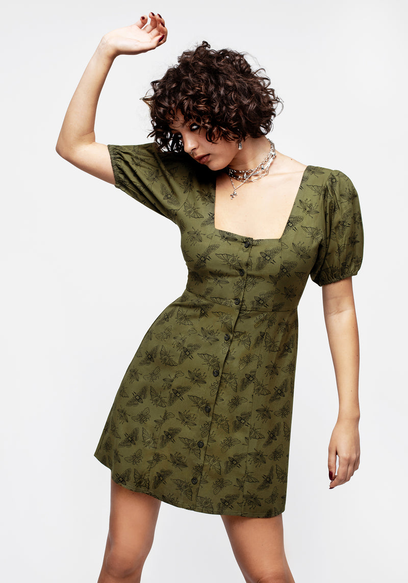 Mortmoth Druck Puffärmel Ärmel Mini Kleid Grün