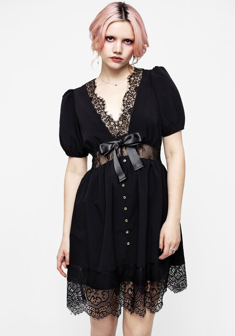 Mortuary Spitze Knopf Hoch Mini Kleid