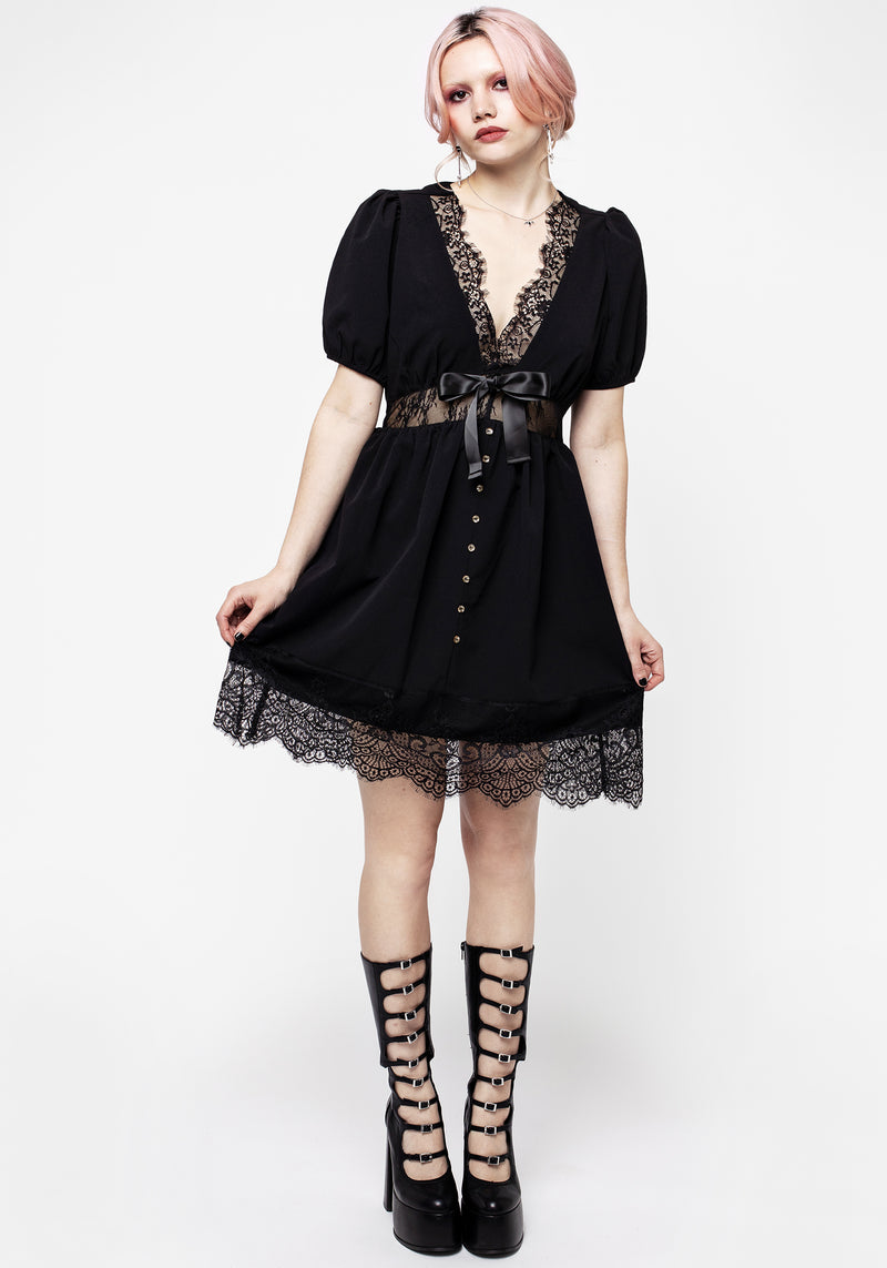 Mortuary Spitze Knopf Hoch Mini Kleid