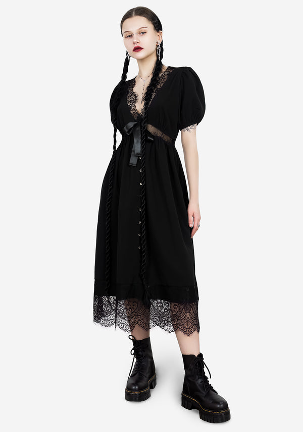 Mortuary Spitze Knopf Hoch Midi Kleid
