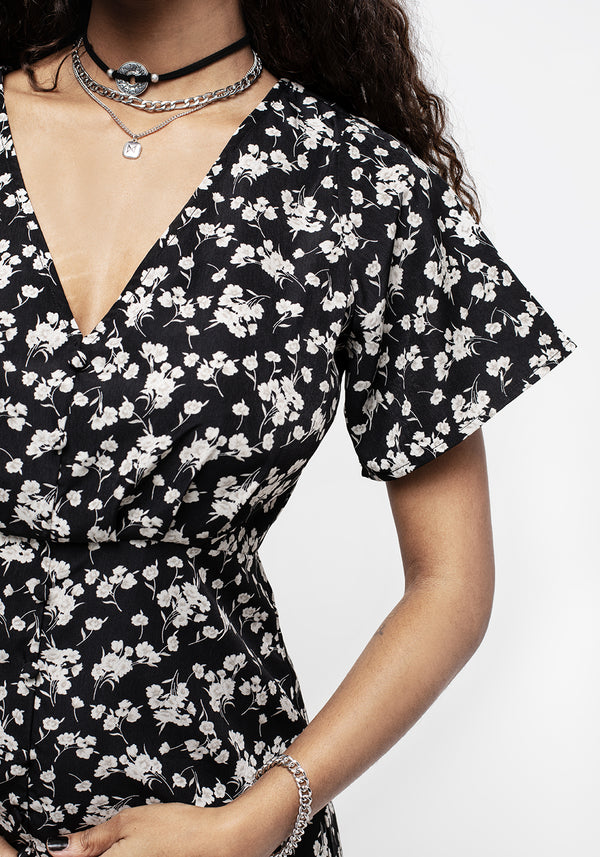 Demeter Druck V-Ausschnitt Knopf Runter Midi Kleid