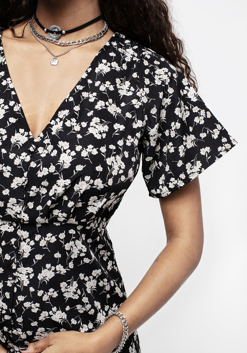 Demeter Druck V-Ausschnitt Knopf Runter Midi Kleid