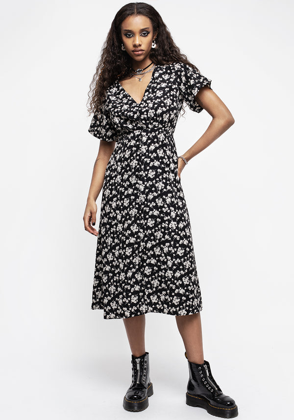 Demeter Druck V-Ausschnitt Knopf Runter Midi Kleid