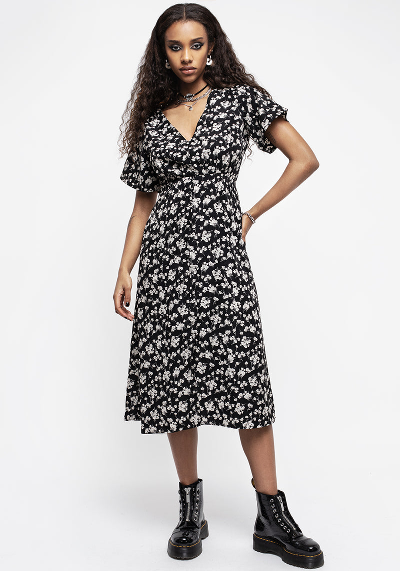 Demeter Druck V-Ausschnitt Knopf Runter Midi Kleid