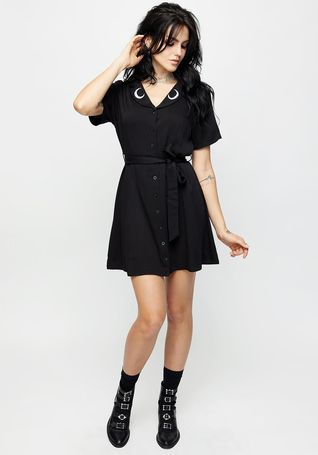 Luna Knopf Runter Mini Hemd Kleid