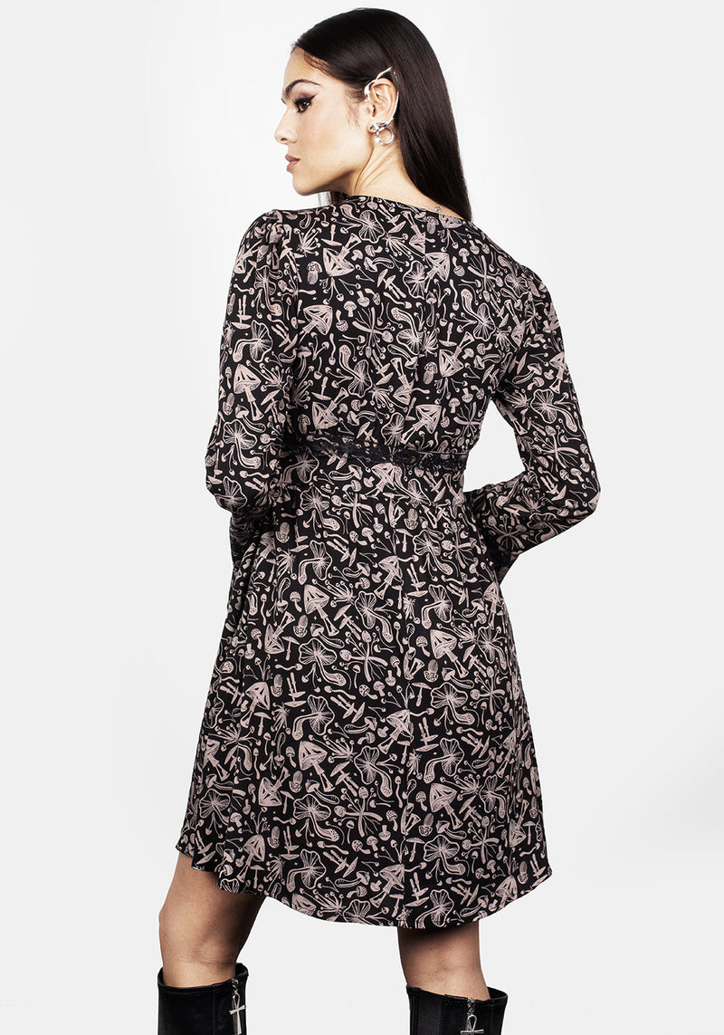 Mycophile Mushroom Print Mini Ruffle Dress