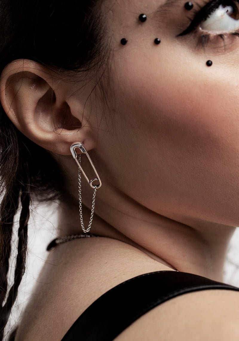 Vicious Silver Plated Safety Pin Stud Earrings With Chain