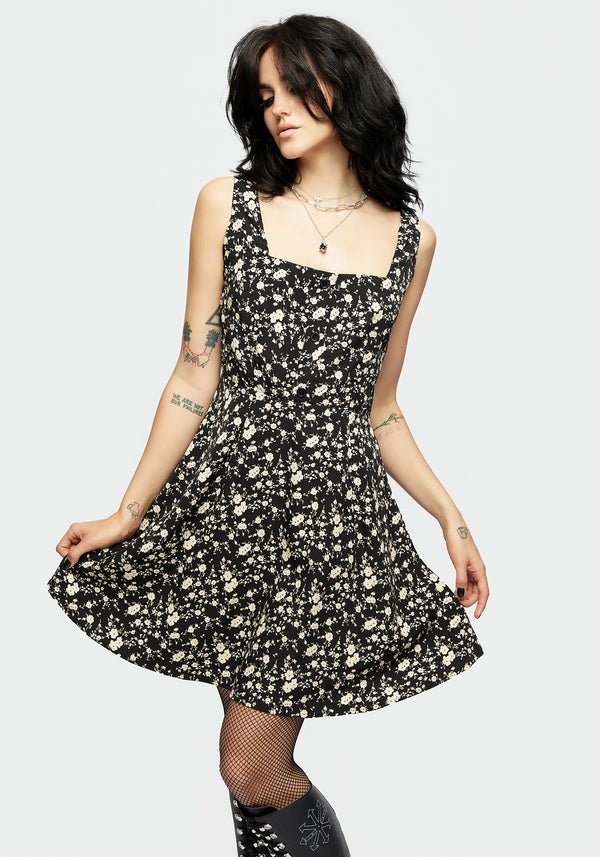 Dryad Blumenmuster Knopf Mini Kleid