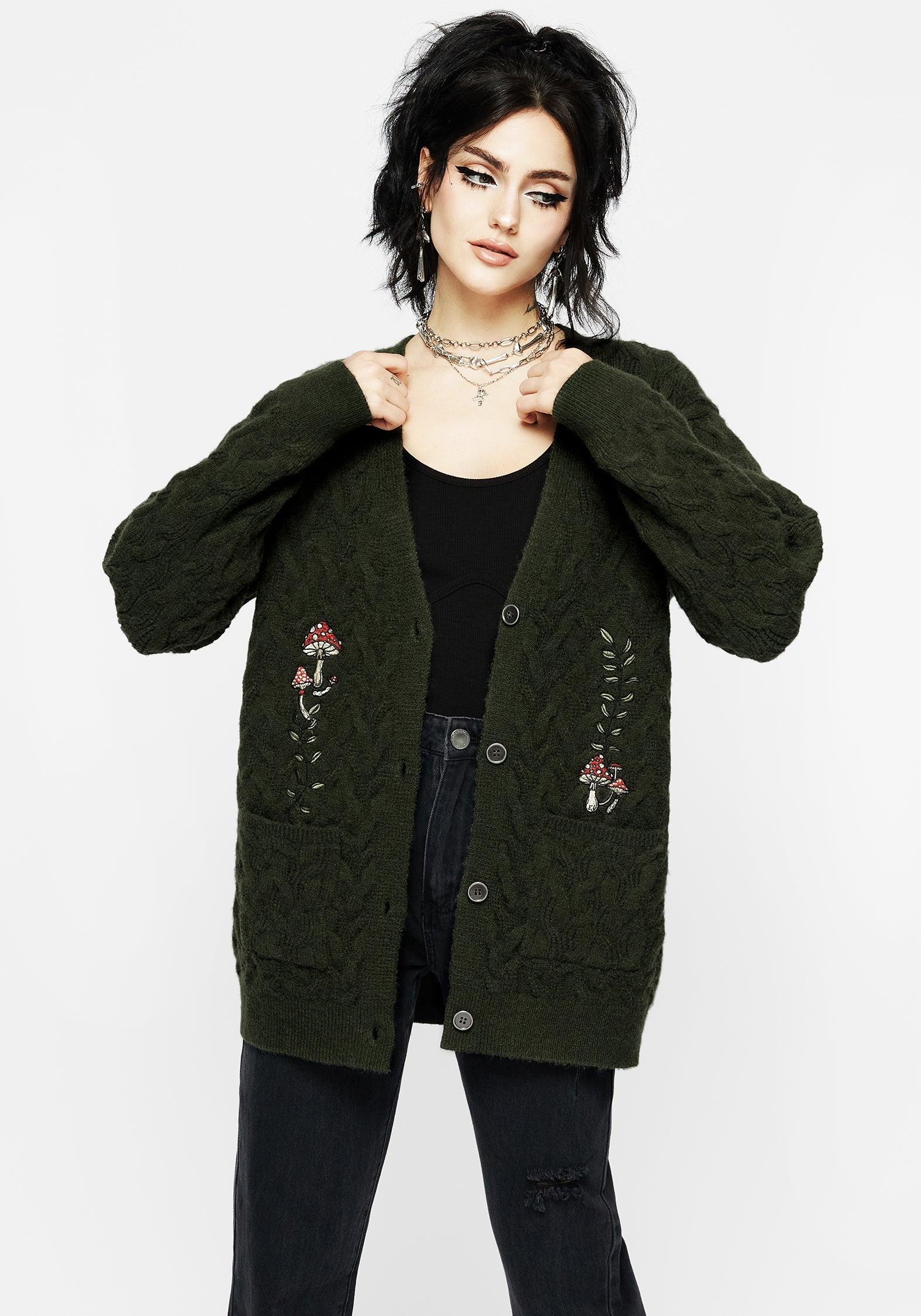 Seelie Bestickt Zopf Gestrickt Cardigan