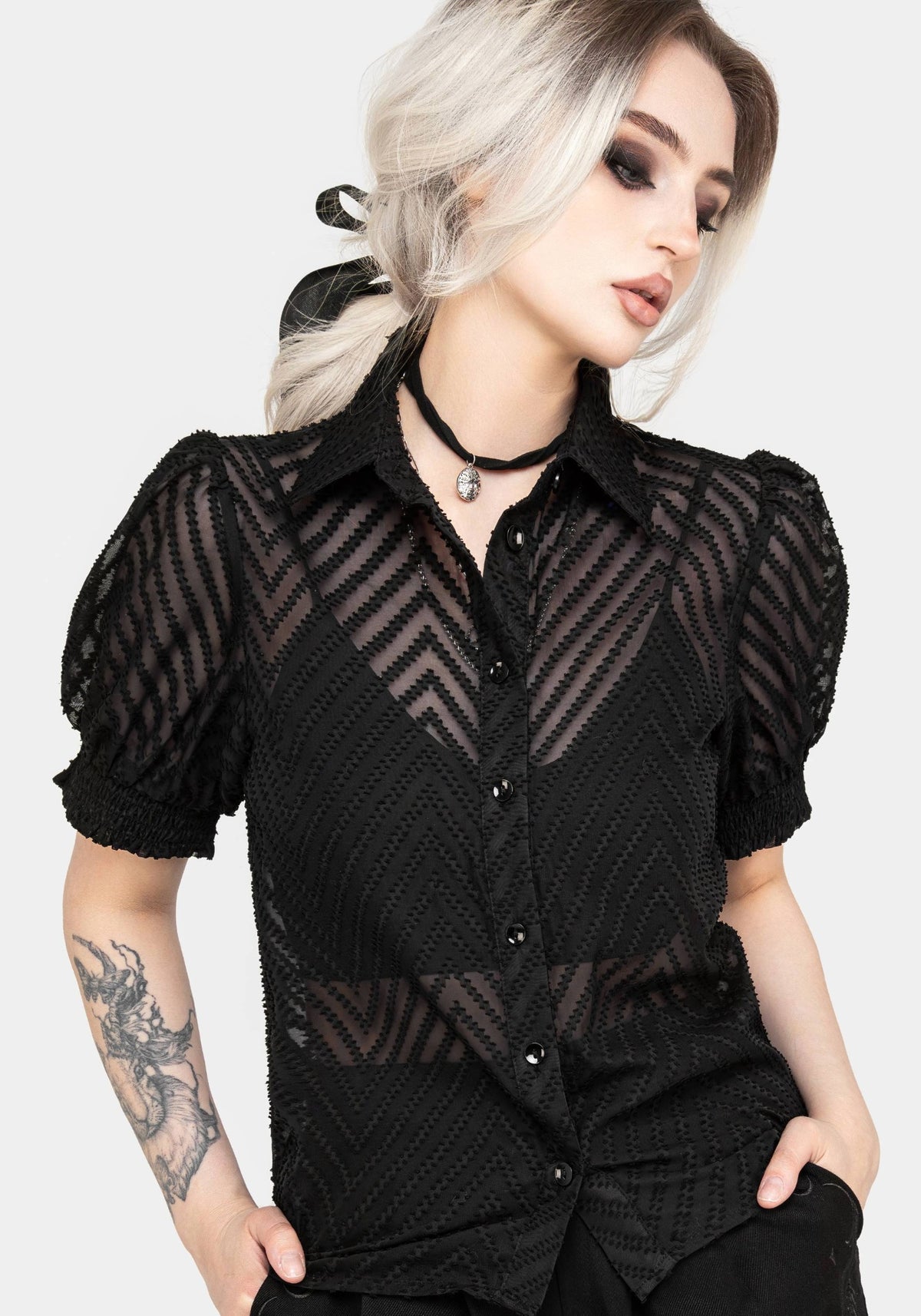 Chevron Knopf Hoch Bluse Top