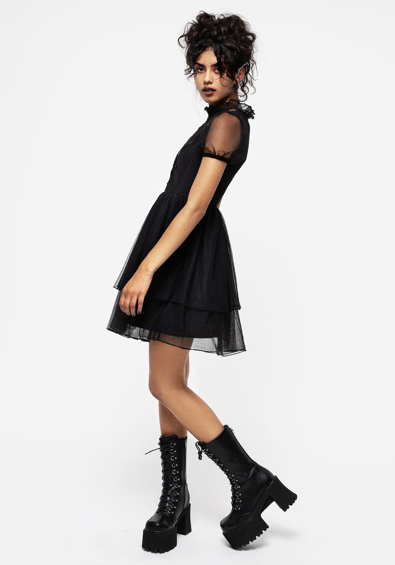 Hysteria Schmetterling Applikation Rüsche Hals Tüll Mini Kleid