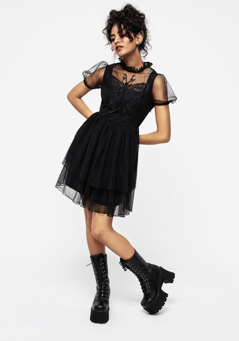 Hysteria Schmetterling Applikation Rüsche Hals Tüll Mini Kleid